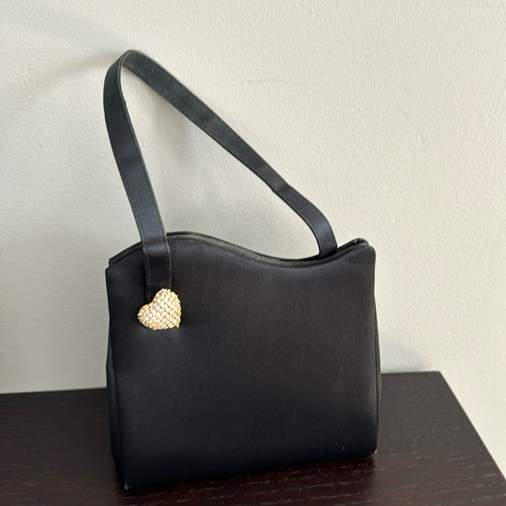 Black satin evening bag with heart